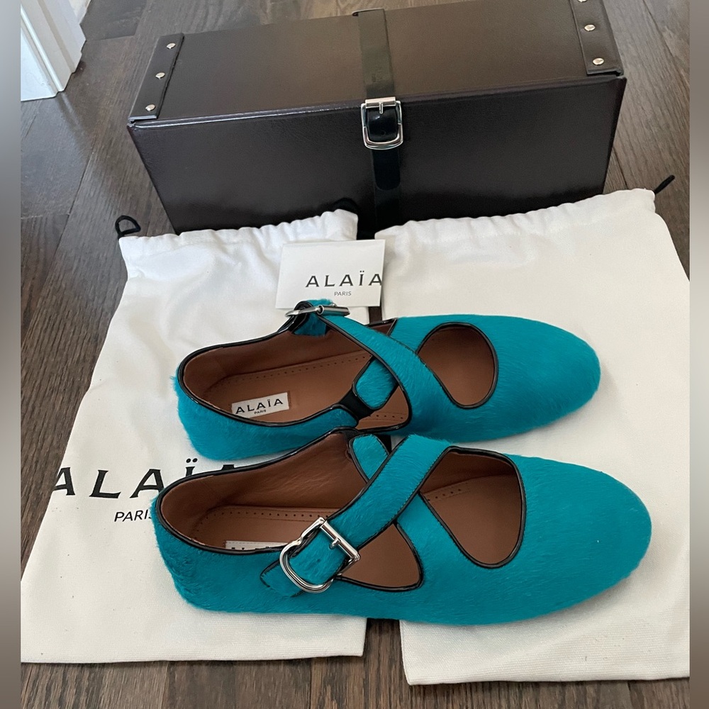 Alaia cross cross calf hair ballet flats turquoise blue size 40 EU / 10 US - Picture 12 of 16